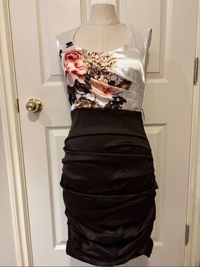 Floral Satin Bodice & Brown Ruched Sheath Dress